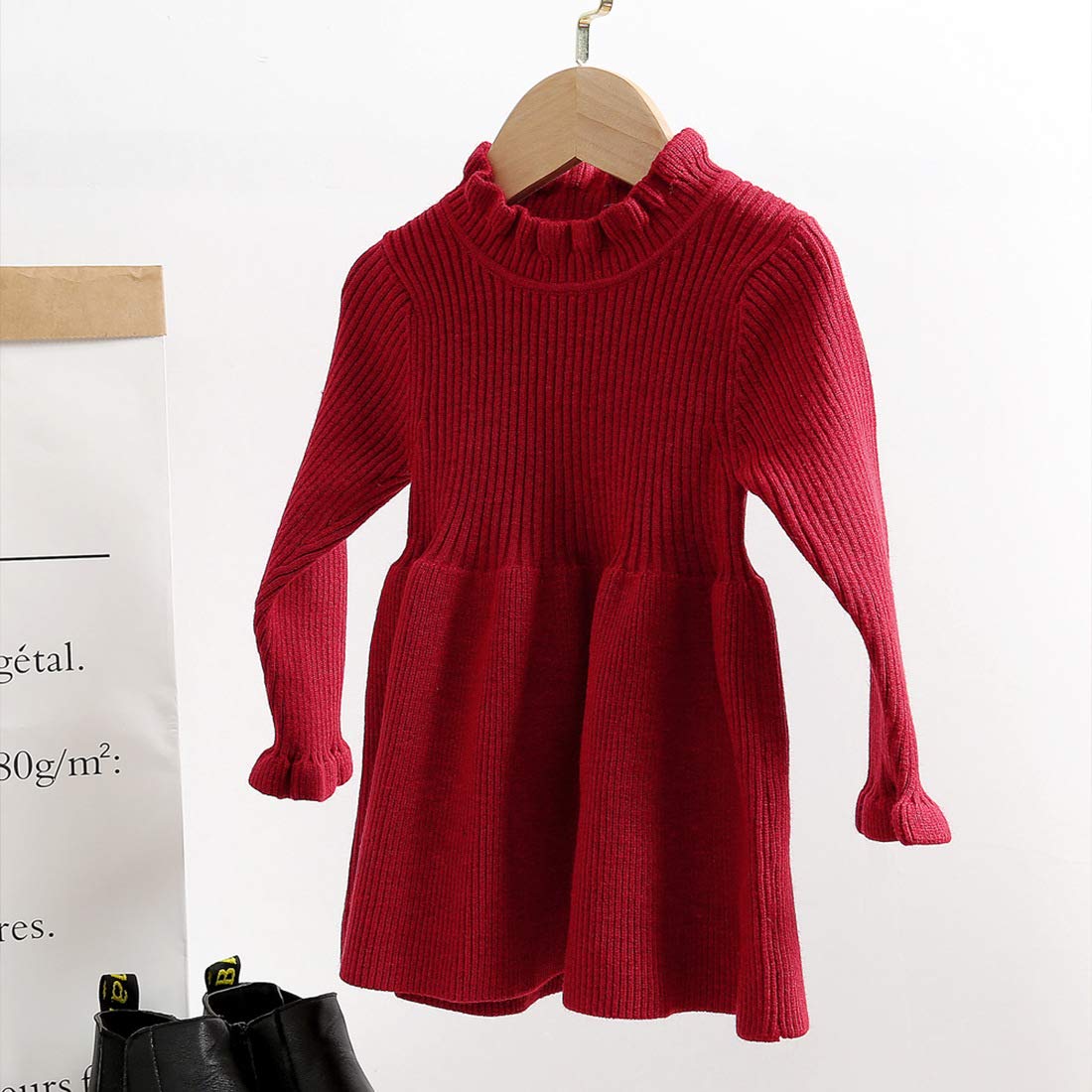 Simplee Kids Little Girls' Long Sleeve Girl Dresses And Rompers Ribbed Knit Sweater Dress Red For 12 Months