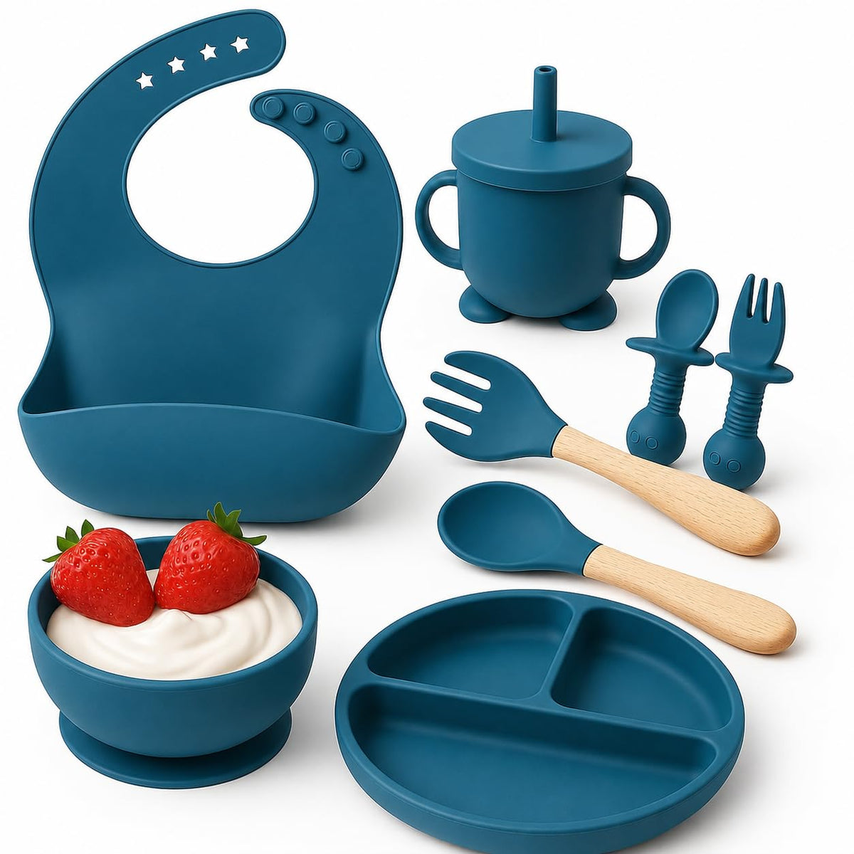 SorresaA Silicone Baby Feeding Set  Suction Plates for Baby & Toddler with Bowl, Cup, Fork & Spoon | Baby Plate Set | Crumb Pou