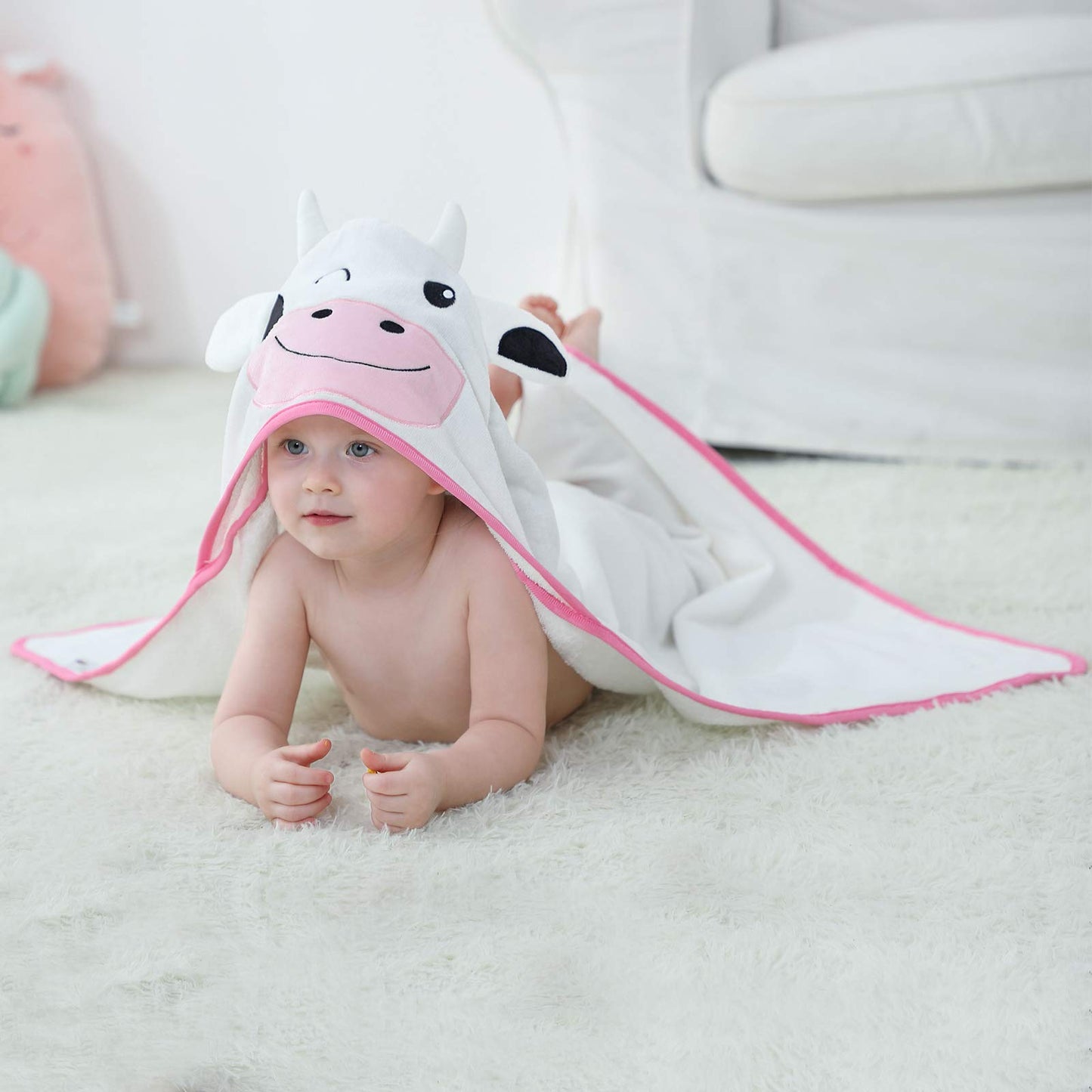 Michley Unisex Baby Animal Hooded Bath Towel Soft Cotton Beach Swimming Bathrobe For 0-6T, Cow