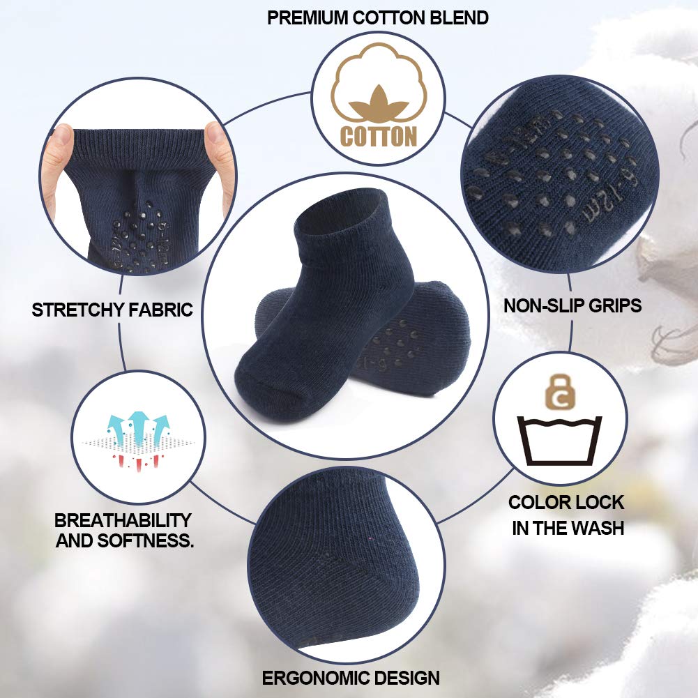Jakidar 12 Pair Baby Toddler Socks Non-Slip Grip Cotton Ankle Socks For Boys Girls Non Skid Soles For Infants Kids, Blue Gray,2-