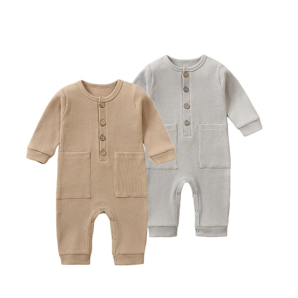 Beivslley Newborn Baby Boy Girl 2 Pack Button Solid Romper Infant Long Sleeve Knit Cotton Footless Outfits Clothes,Gray+Khaki,9-