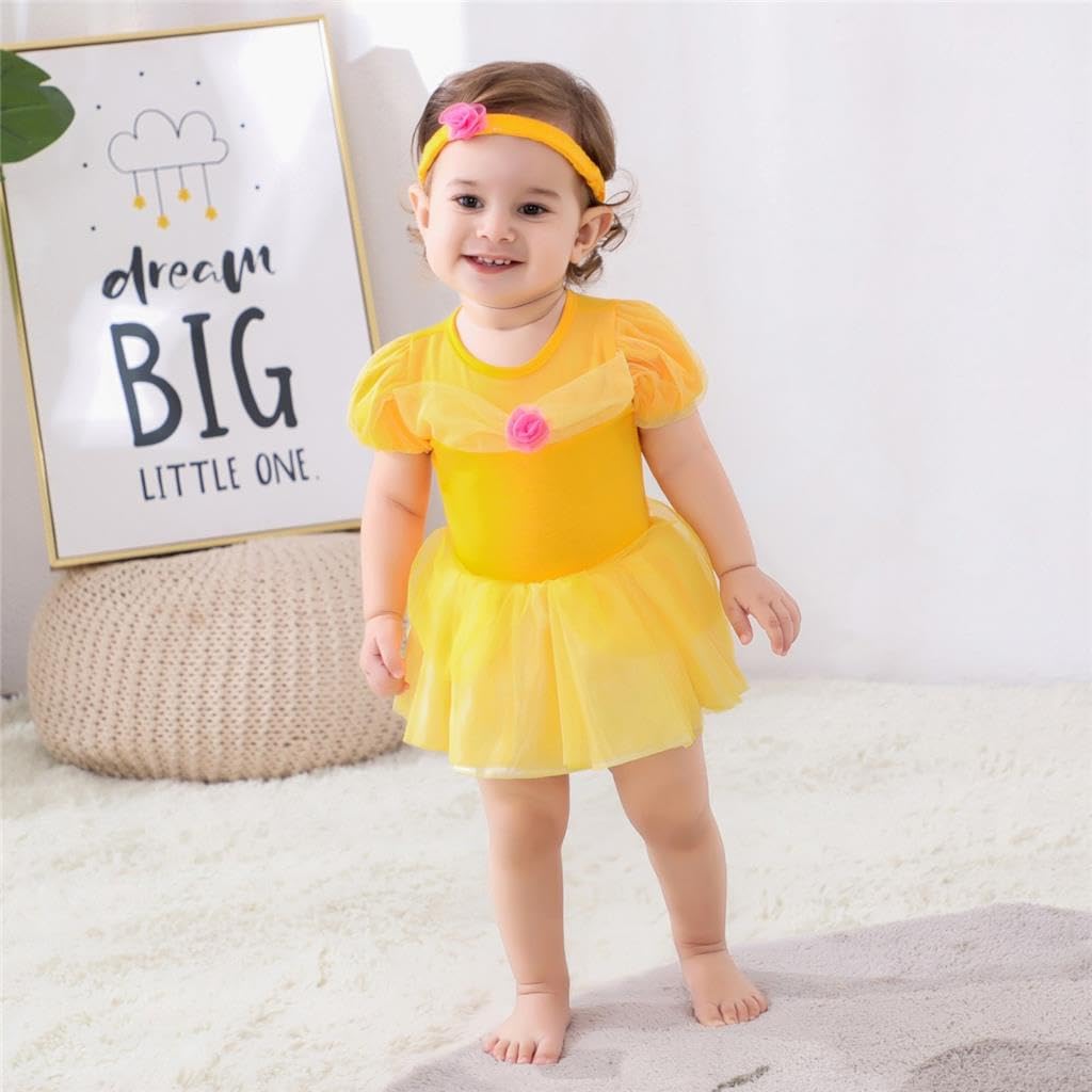 Dressy Daisy Baby Girls Princess Dress Onesie Bodysuit Romper Halloween Costume With Headband Size 18-24 Months Yellow 268