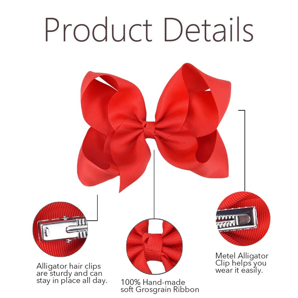 Oaoleer Big Hair Bows For Girls 12 Pcs 6' Red Grosgrain Ribbon Large Boutique Bow Alligator Clips Hair Accessories For Toddlers