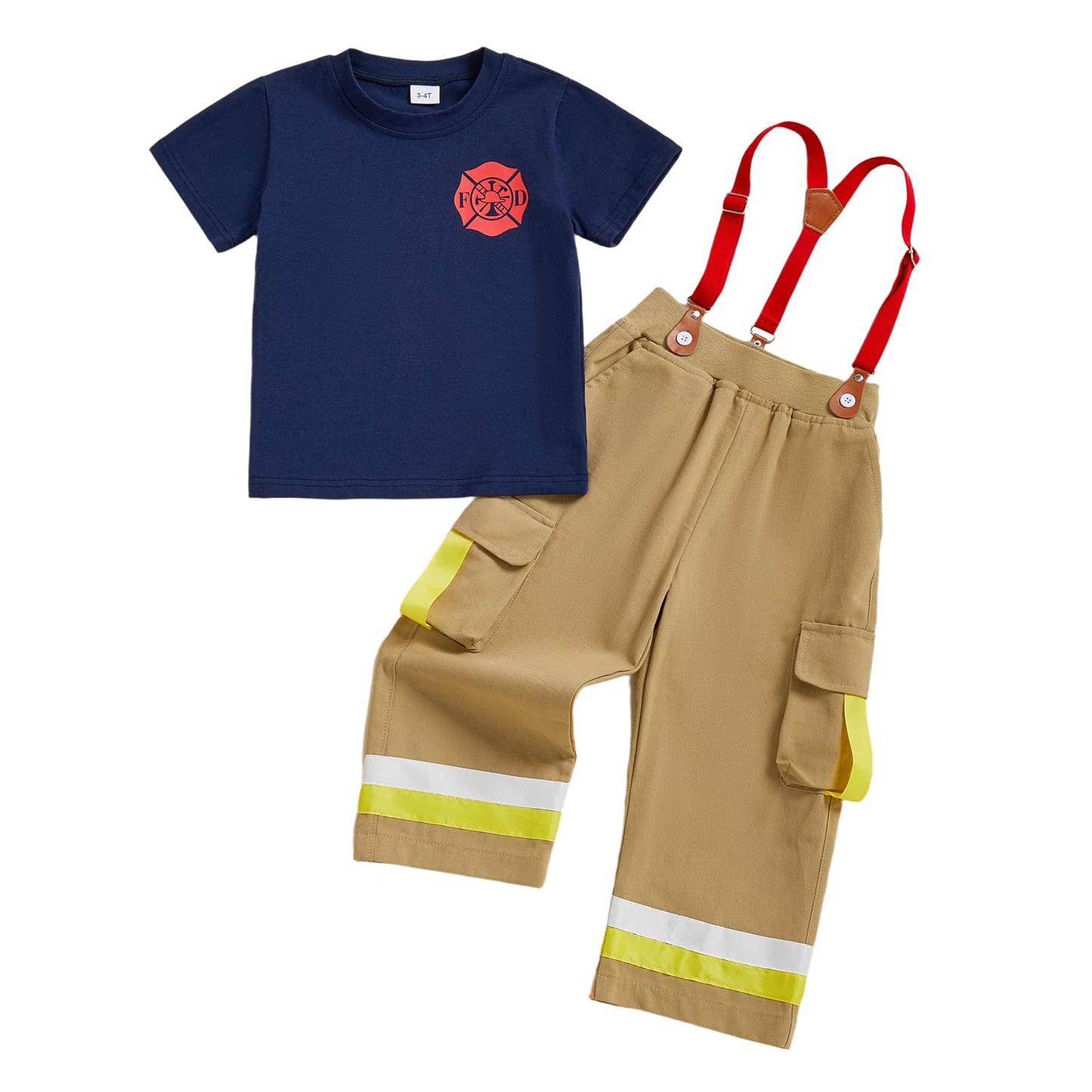 Thorn Tree Kids Firefighter Outfit Short Sleeve T-Shirt Suspender Pants Overalls Halloween Birthday Outfits (Blue, 18-24 Months)