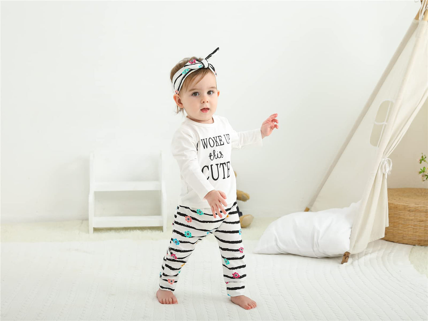 Kukitty 3Pcs Baby Girl Outfits Set I Woke Up This Cute Long Sleeve T-Shirt Tops Flowers Pants With Headband (12-18 Months)