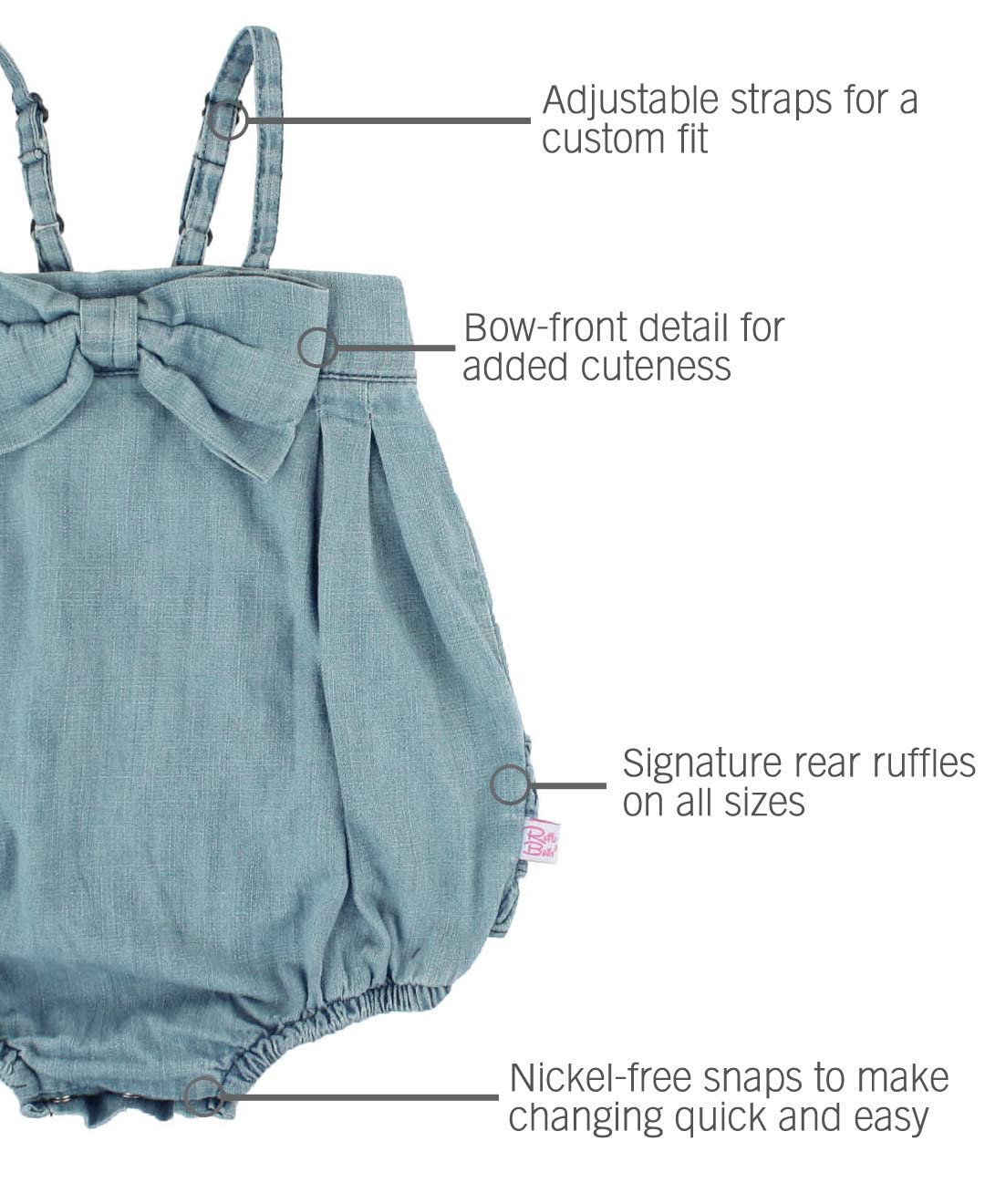 Rufflebutts Baby/Toddler Girls Light Wash Denim Bow-Front Bubble Romper - 18-24M