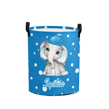 Personalized Polka Dot Elephant Blue Waterproof Laundry Basket Handles Collapsible Hamper Storage Basket for Office Bathroom