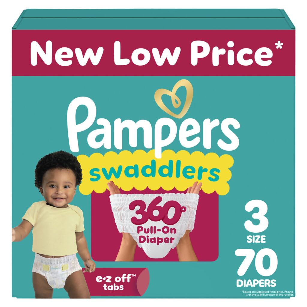Pampers Diapers - Swaddlers 360 - Size 3, 70 Count, up to 100% Leakproof Comfy Dry Fit, Designed for Easy Changes, Pull On Baby 