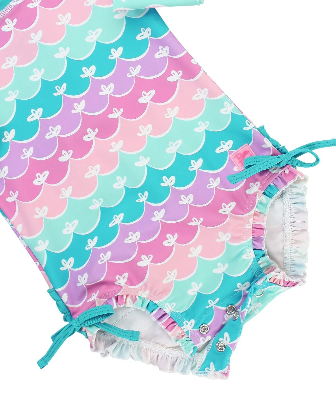 RuffleButts Baby Girls UPF 50+ Sun Protection Novelty Print Long Sleeve One Piece Rash Guard Swimsuit with Zipper - Mermaid/Aqua