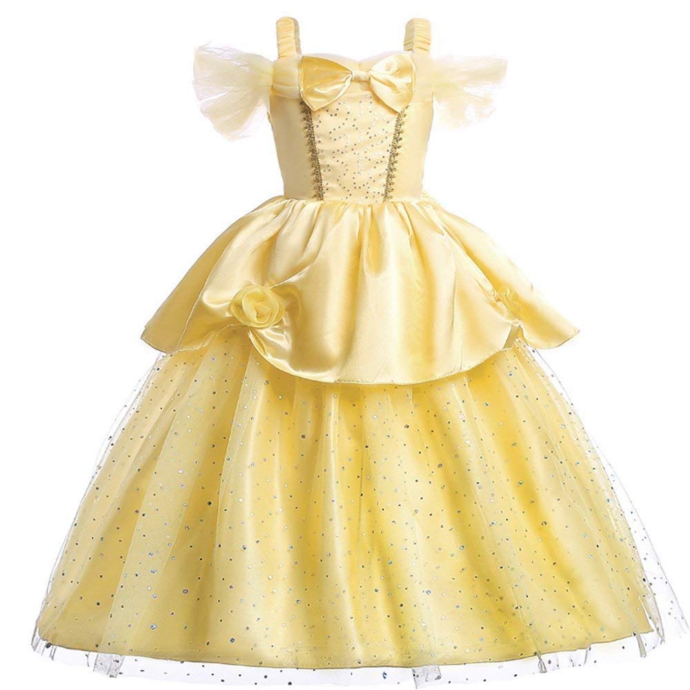 Little Girls Yellow Roses Princess Costume Dress Off Shoulder Layered Dress up (3 Years)