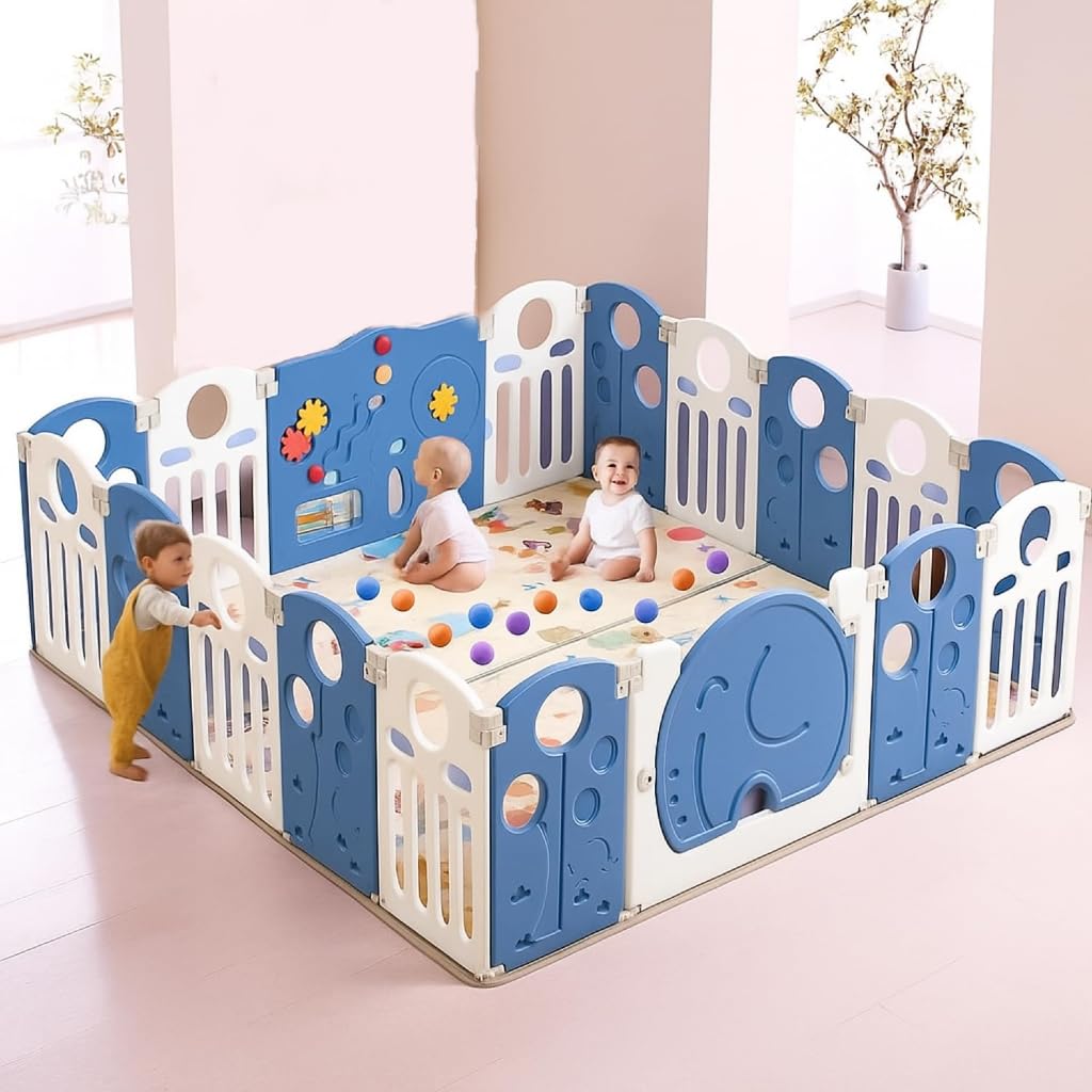 Hukimoyo Large Baby Playpen 16 Panels/30 Sq Ft Play Area Indoor Setup With Mat ,Balls | Play Yard For Babies 03 Years With Padd