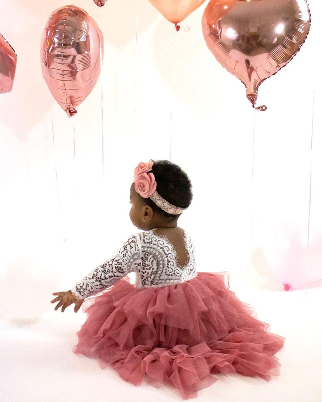 2Bunnies Girl Peony Lace Back A-Line Tiered Tutu Tulle Flower Girl Dress (Dusty Rose Sleeve Maxi, 7-8Yrs)