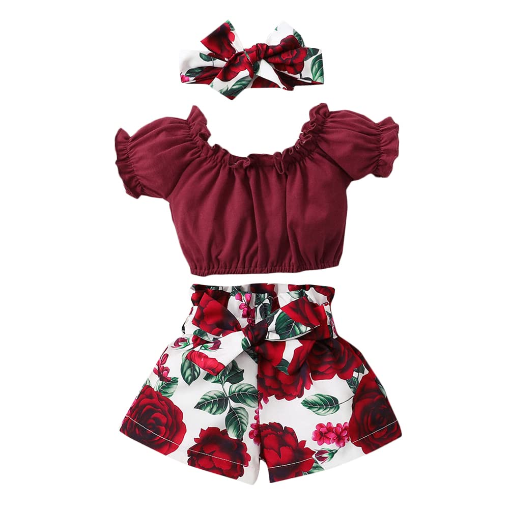 Hopscotch Baby Girls Cotton And Polyester Top And Floral Print Short Set With Headband In Maroon Color For Ages 69 Months (Bnf