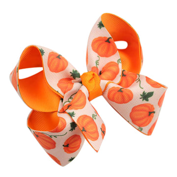 Fall Pumpkin Hair Bow Clips 3.4in Satin Ribbon Hairpins with Autumn Pumpkin Orange White Bow Barrettes Thanksgiving Falls Hair A