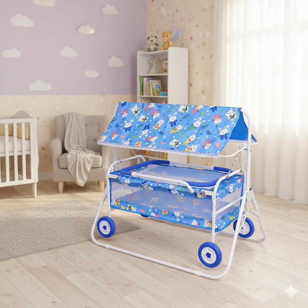 Avani Metrobuzz Baby Cradle With Swing And Mosquito Net, Metal Frame, White Powder Coated Finish, Four Wheels, For 013 Months, 