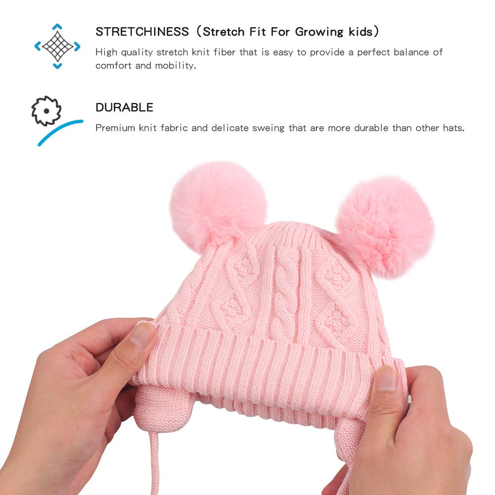 Jangannsa Cute Knitted Boys Girls Christmas Beanie Warm Earflap Winter Hat Infant Toddler Baby Beanie 0-6Y (M, Pink Pompom)