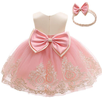Baby Girls Embroidery Dresses Toddler Lace Ruffles New Year Easter Tutu Dress With Headwear (Pink,80)