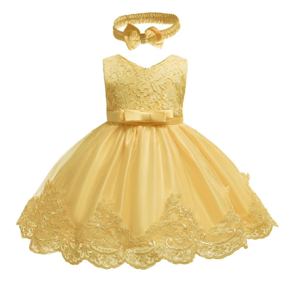 Baby Christmas Embroidery Lace Dresses Little Kid Easter Halloween Wedding Formal Event Dress (Yellow 8348,24M)