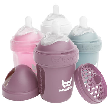 Herobility Double Anti-Colic Baby Bottles - 5 Fl Oz/140Ml - 4-Pack - Multicolor - White, Gray, Pink, Hawthorn Rose