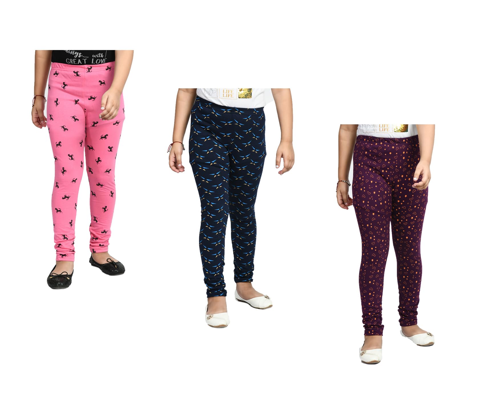 Girls Soft Cotton Allover Printed Slim Fit Leggings Pants (Pack of 3) Multicolor138