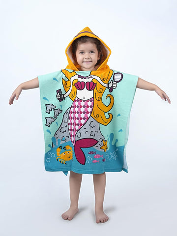 Yellow Bee Mermaid Hooded Poncho Towel for Girls (250 GSM) Aqua, Yellow, Blue, Pink, 37 Years