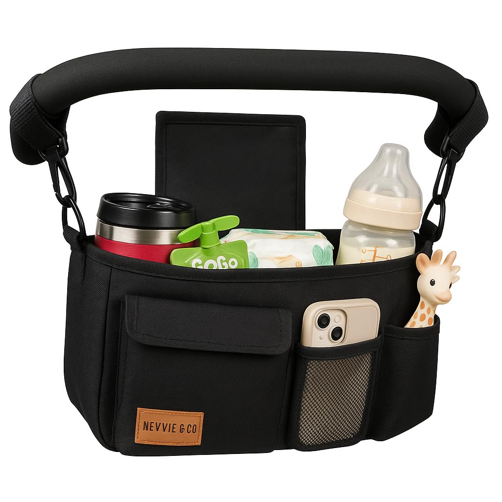 Nevvie & Co Universal Stroller Organizer With Cup Holder | Large Capacity Stroller Caddy | Non-Slip Secure Hooks Accessories | S