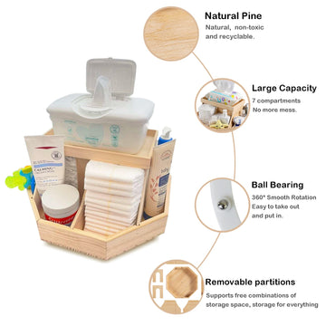 Ecoade Wooden Diaper Caddy Organizer - 360 Degrees Rotating Caddy With Removable Dividers, Nursery Diaper Organizer