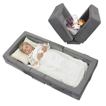ENITYA Toddler Travel Bed - Portable Foldable Soft Foam Floor Bed for Kids 1-4yr, No Assembly, Washable Cover, Built-in Safety R