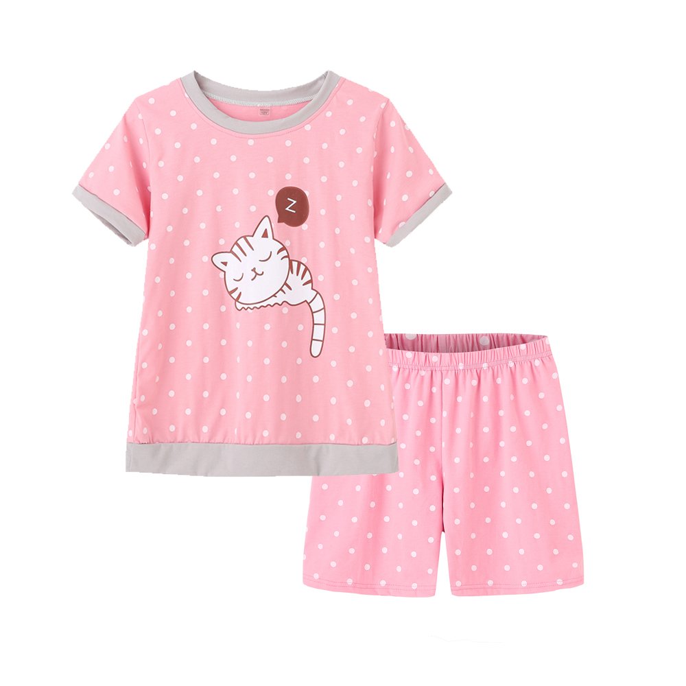 MyFav Young Girls Pajama Cute Cat Pattern Nighty Comfy Shorts Cotton Sleepwear, Cat, 7 Years