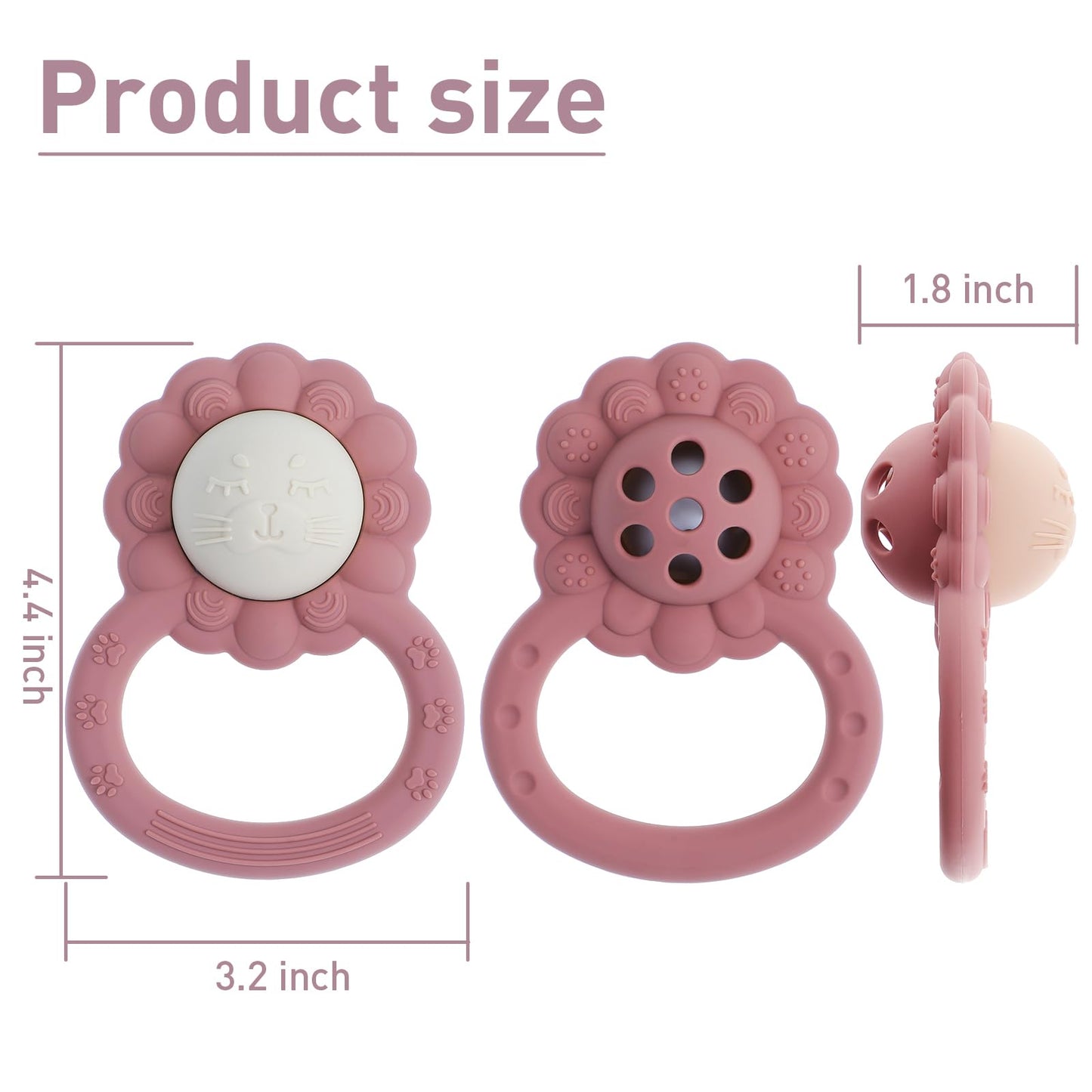 Dirbabi Rattle Teether, Lion Shape Montessori Baby Sensory Teething Toys, Food Grade Silicone BPA Free, Newborn Essentials Must