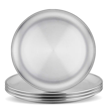 E-Far Stainless Steel Plates Set Of 4, 8-Inch Metal Dinner Plates For Kids Toddlers, Great For Self-Feeding/Picnic/Outdoor Campi