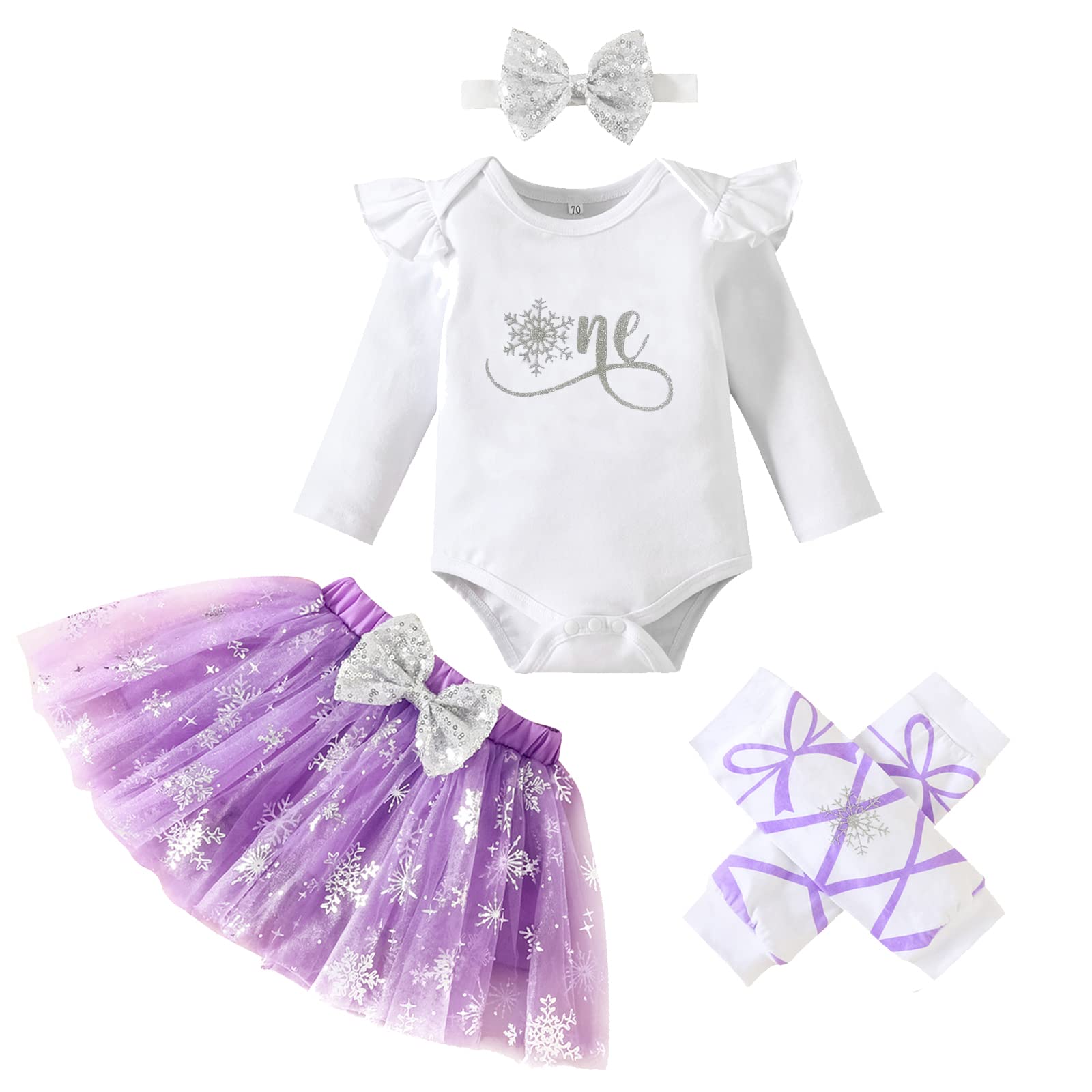 Grnshts Baby Girl Cake Smash Clothes Snowflake Romper+Tutu Skirt+Headband+Leg Wa WBBAPB0BBVF9W33