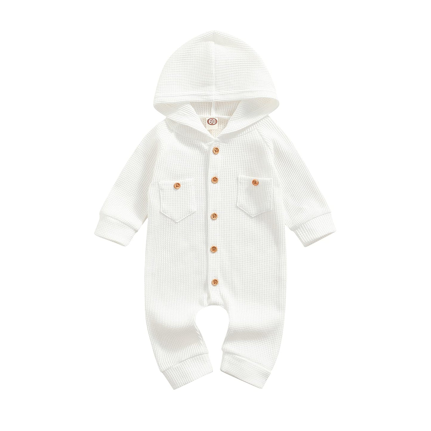 Ynibbim Winter Newborn Baby Boy Girl Solid Romper Unisex Infants Hooded Outfit Clothes Waffle Cotton Button Jumpsuits (Pure Whit