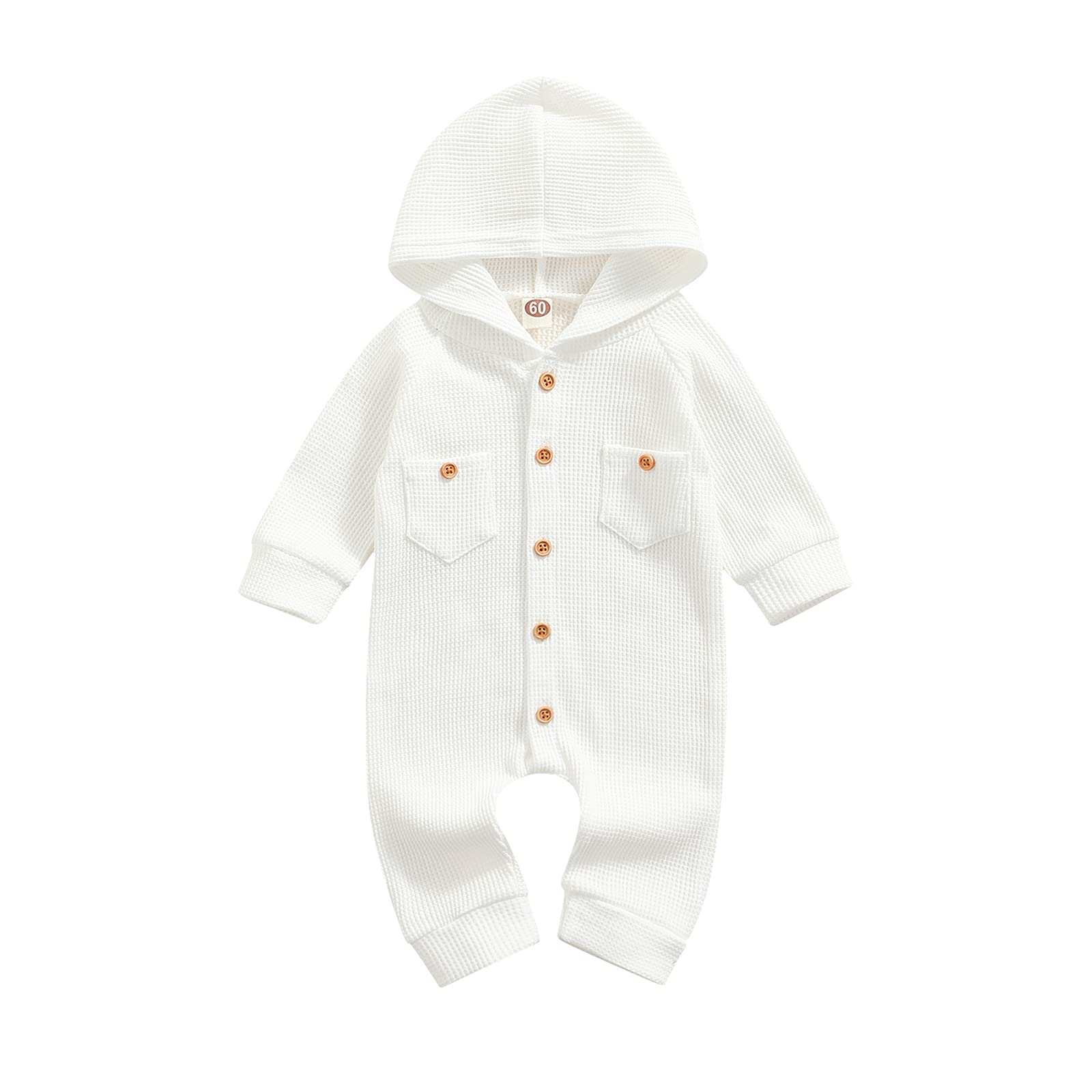 Ynibbim Winter Newborn Baby Boy Girl Solid Romper Unisex Infants Hooded Outfit Clothes Waffle Cotton Button Jumpsuits (Pure Whit