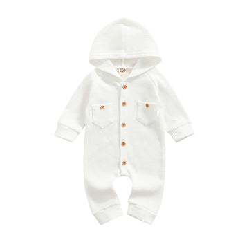Ynibbim Winter Newborn Baby Boy Girl Solid Romper Unisex Infants Hooded Outfit Clothes Waffle Cotton Button Jumpsuits (Pure Whit