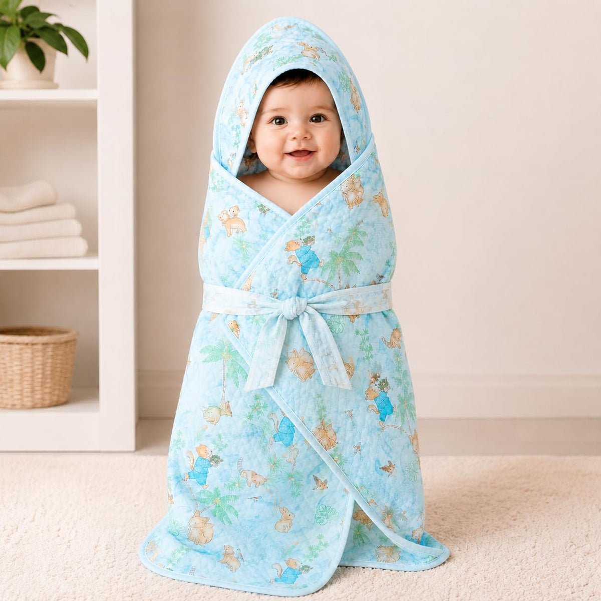 Babyholic Baby Swaddle Wrap with Hood, Pink Floral Print, Cotton, Newborn Sleeping Bag with Tie Belt (Sky Blue)