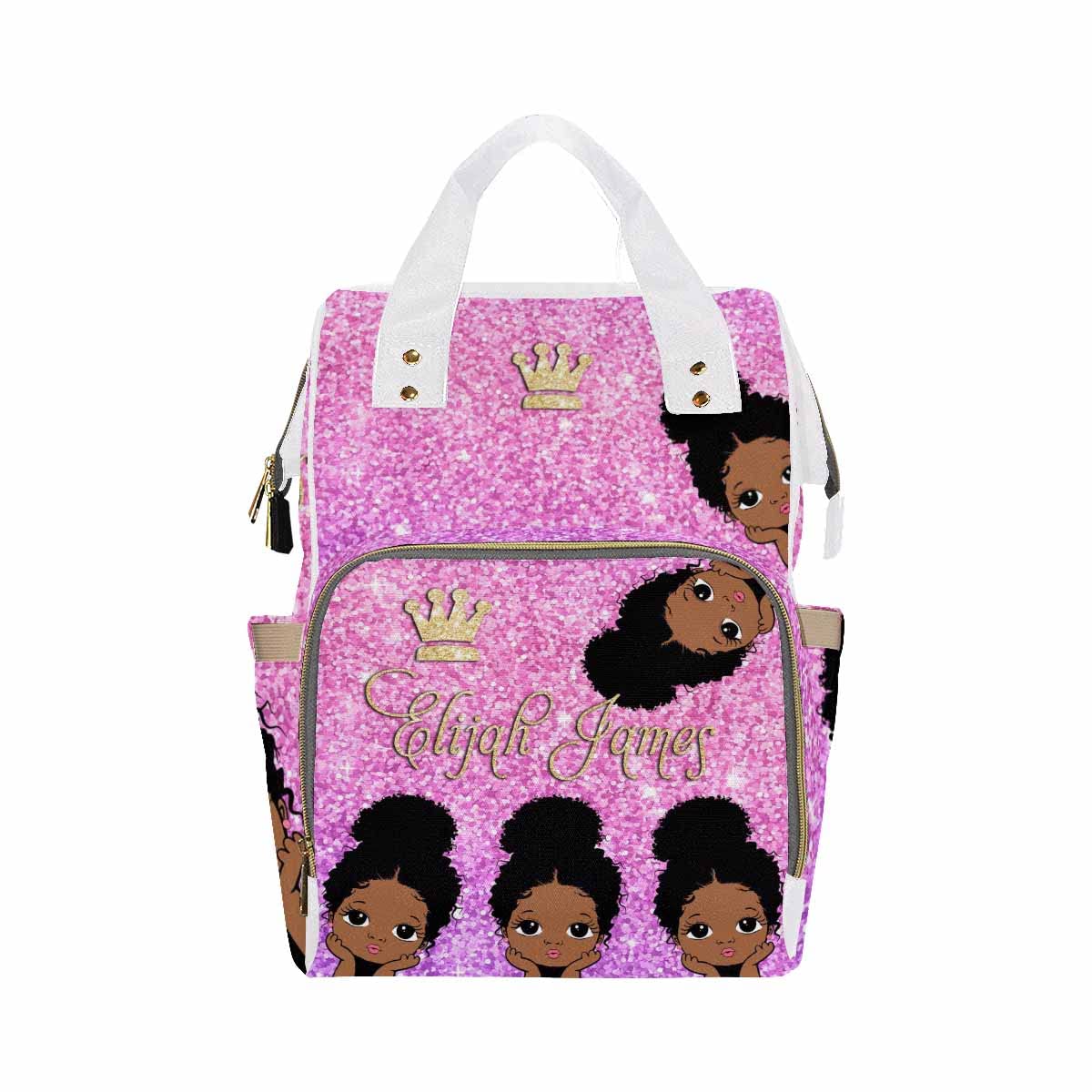 Artsadd Custom Name Diaper Bags Multi-Function Backpack, Pink Glitter Crown Travel Back Pack Customized Large Capacity Mommy Nap