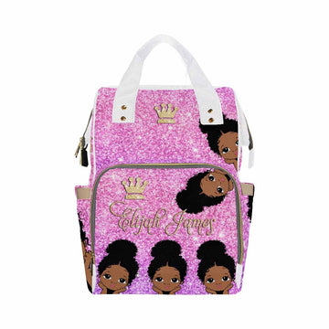 Artsadd Custom Name Diaper Bags Multi-Function Backpack, Pink Glitter Crown Travel Back Pack Customized Large Capacity Mommy Nap