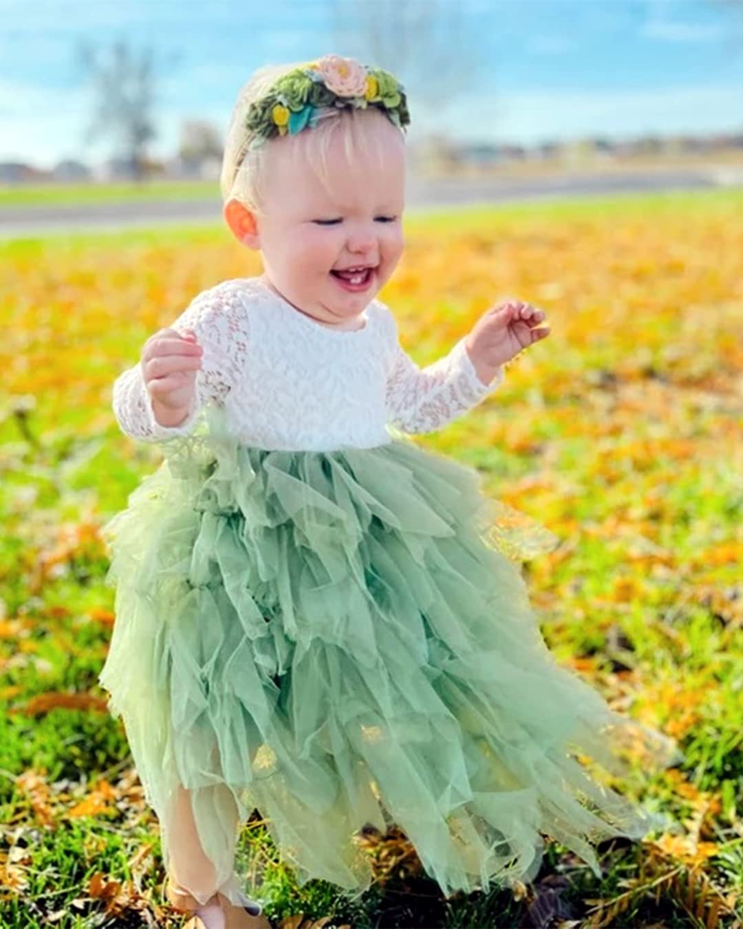 2Bunnies Girl Peony Lace Back A-Line Tiered Tutu Tulle Flower Girl Dress (Sage Sleeve Maxi, 6)