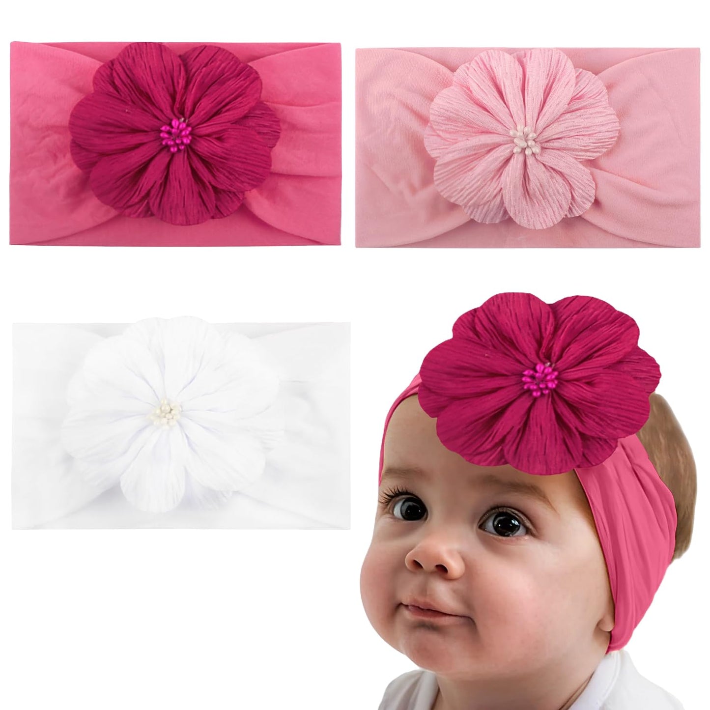 Syga Pack Of 3 Baby Headband Nylon Flower Soft Stretchable Hairband For Newborn Infant Toddler Kids For 03 Year (White, Pink, R