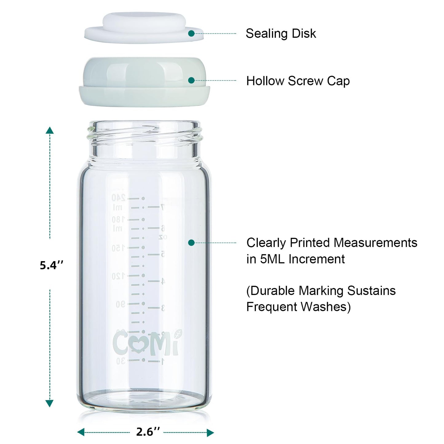 Comi Wide Neck Glass Breastmilk Collection N Storage Bottle, 6 Packs, 8Oz With Screw Ring Sealing Disk; Re-Markable Sealing Disc