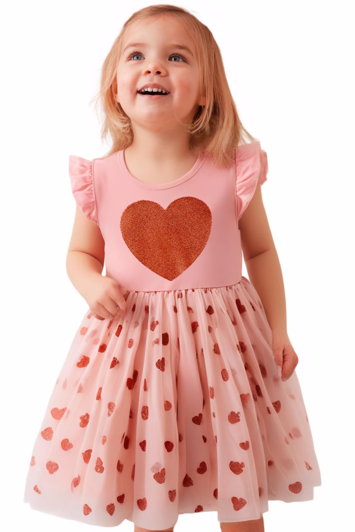 Girls Valentines Dress Glittering Heart Print Tutu Valentines Day Birthday Princess Dress Mesh Tulle Valentines Outfit 2T/1837