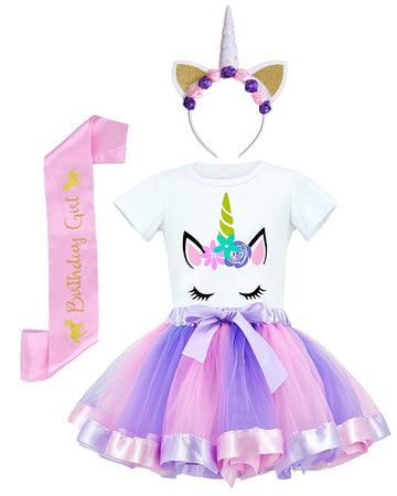 Jiaduo Girls Unicorn Costume Rainbow Tutu With White Shirt, Headband & Satin Sash Light Purple Medium/2-4T