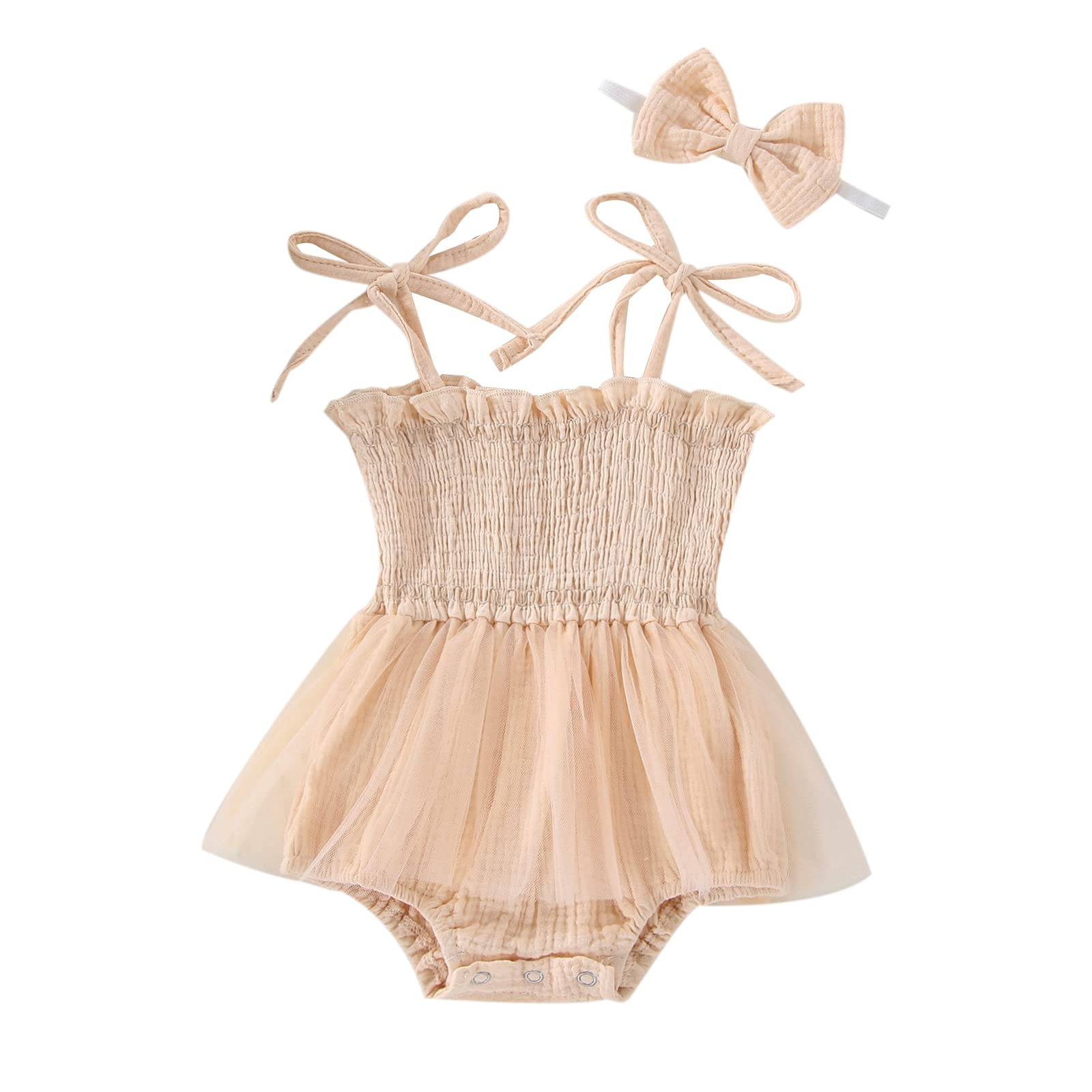 Meihuida Newborn Baby Girl Sleeveless Romper With Headband Summer Clothes Cotton Linen Bodysuit Tulle Tutu Skirt Apricot 0-3 Mon