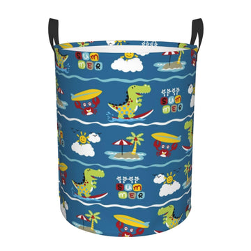 Pevtufa Dinosaur On The Beach Vacation Foldable Laundry Basket Organizer,Fabric Clothes Toy Storage Basket Nursery Hamper Storag
