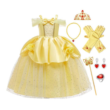 Fmyfwy Girls Belle Princess Fancy Dress Beauty And Beast Outfits Halloween Christmas Wedding Birthday Gown W/Accessories,Yellow