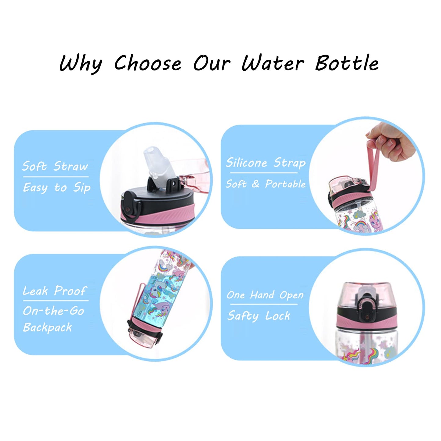 Huin Cute Water Bottle For Girls Women, Water Bottle With Straw For School Kids, Bpa Free Reusable & Spill Proof & Wide Mouth, 2