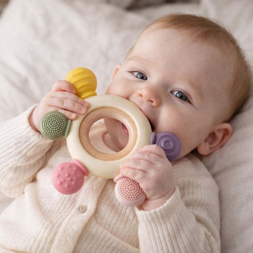 Silicone Baby Teething Ring with 6 Textured Sensory Elements | Soft BPA Free Baby Teether Toy for 6 to 12 Months Infant Oral Car