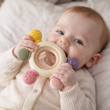 Silicone Baby Teething Ring with 6 Textured Sensory Elements | Soft BPA Free Baby Teether Toy for 6 to 12 Months Infant Oral Car