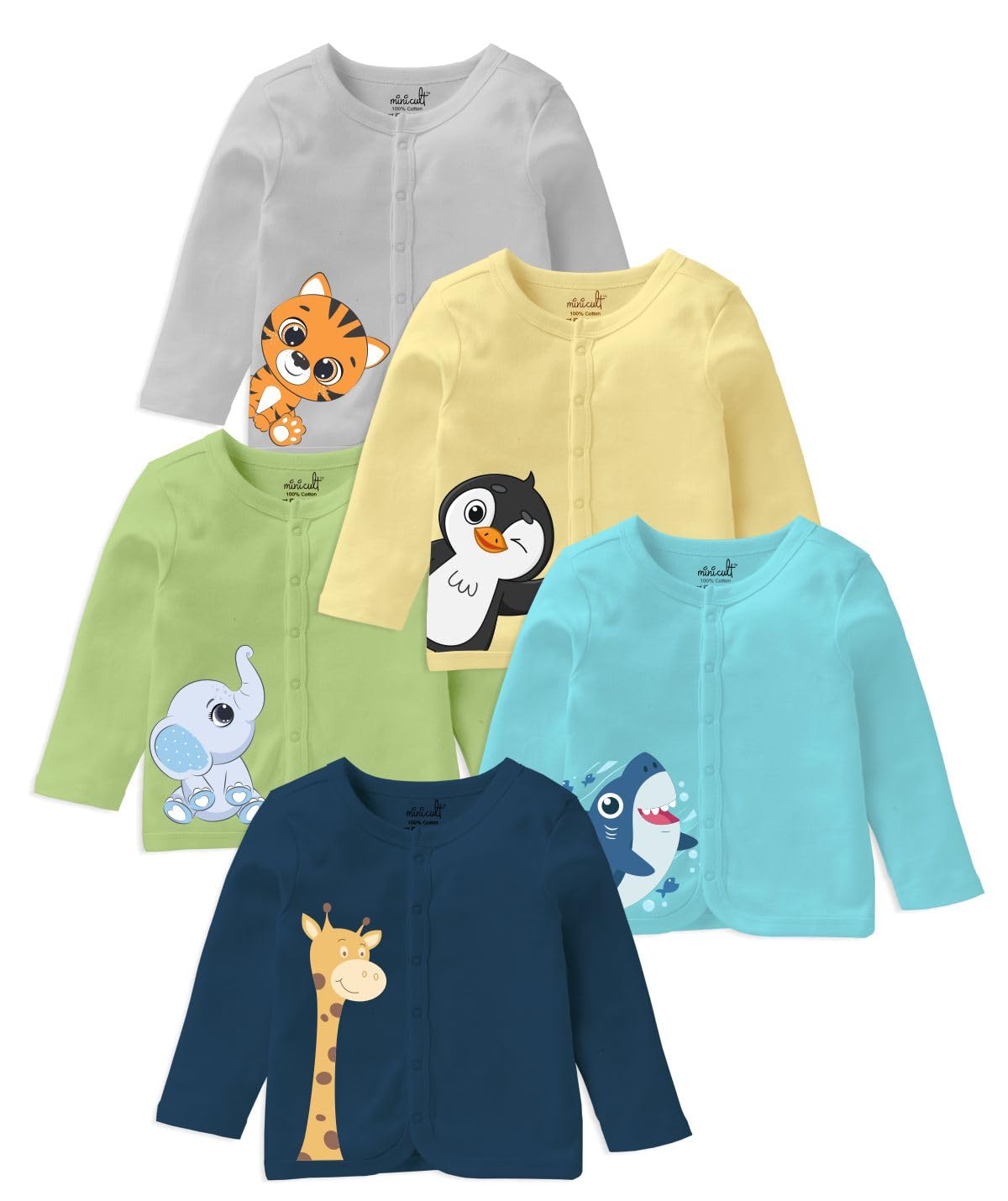 Minicult Cotton TShirt With Front Open Snap Button Unisex Jhabla For Baby (36 Months, Pack Of 5) Multicolour, Regular Fit
